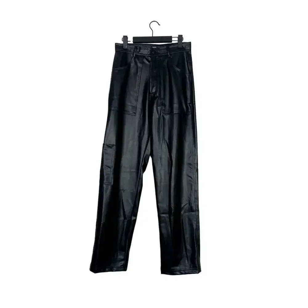 ZARA Wide Leg High Rise Faux Leather Edgy Moto Biker Full Length Pants M Black - Picture 16 of 16